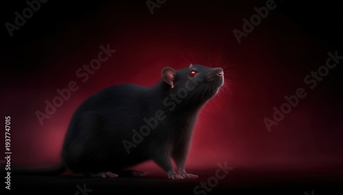 Black pest rat with glowing red eyes standing attentively, sniffing the air against a dark, dramatic red background, embodying danger, mystery, and disease concepts