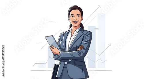 Confident Businesswoman Standing with Financial Growth Chart – Successful Female Leader, Corporate Woman with Rising Graph Business Concept Vector Illustration