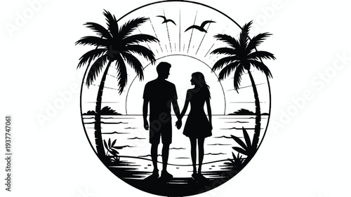 Couple holding hands on beach with palm trees and sunset