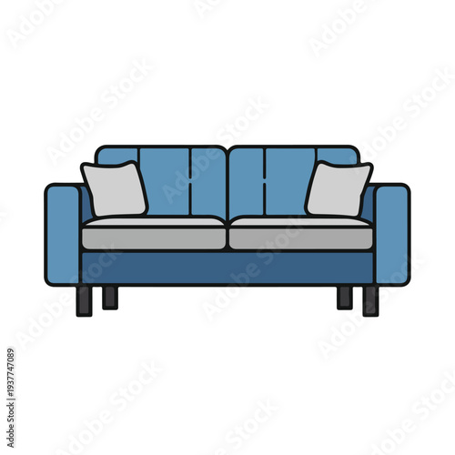 Simple blue sofa with gray cushions on white background
