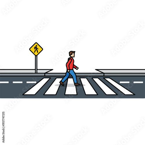 Man crossing street with pedestrian crossing sign