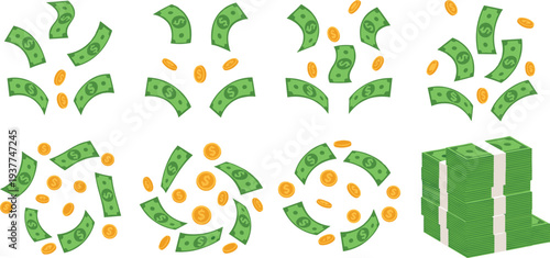Falling money set with green dollar banknotes flying gold coins and stack of cash for financial wealth banking and success