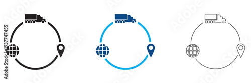 Logistic icon. Minimal vector icons showing global logistics with delivery truck, globe and location pin. Concept of worldwide shipping, transport tracking and distribution services.