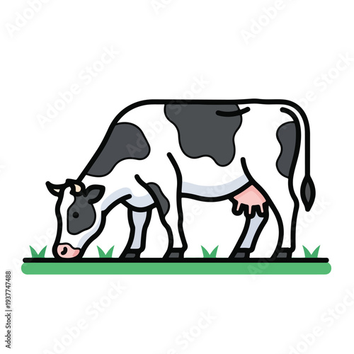 Cow grazing on green grass in a simple cartoon style