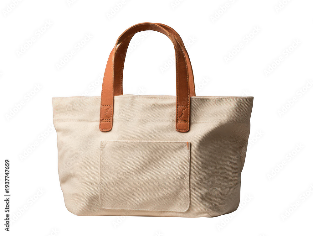 Naklejka premium Elegant beige canvas tote bag with brown leather handles isolated on transparent background