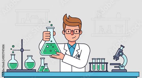 Scientist examining green liquid in laboratory setting with various equipment and beakers