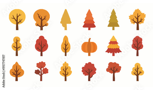 Autumn tree icons vector set with colorful fall forest trees design elements isolated on white