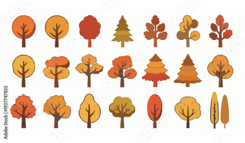 Autumn fall trees vector collection with colorful seasonal forest tree icons isolated on white