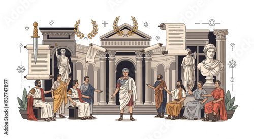 Ancient Roman Senate Scene with Senator in Toga, Forum Columns and Political Tension Flat Vector Illustration