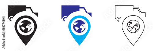 Logistic icon. Minimal vector icons showing global logistics with delivery truck, globe and location pin. Concept of worldwide shipping, transport tracking and distribution services.