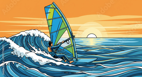 Windsurfer riding ocean waves with colorful sail at sunset on a beautiful day