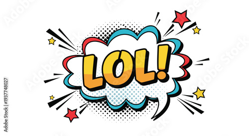 Vibrant pop art style speech bubble with the text LOL and colorful stars for comic book and social media graphics.
