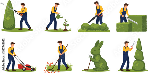 Professional gardener character collection performing yard work tasks like mowing lawn, pruning hedges, watering plants, and raking leaves for landscaping and gardening designs.
