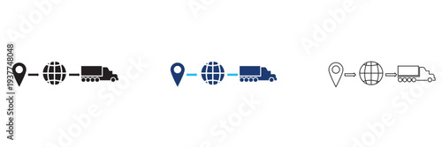 Logistic icon. Minimal vector icons showing global logistics with delivery truck, globe and location pin. Concept of worldwide shipping, transport tracking and distribution services.