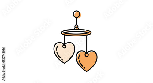 Simple baby nursery mobile featuring two hanging peach colored hearts from a golden ring for gentle decor illustrations.