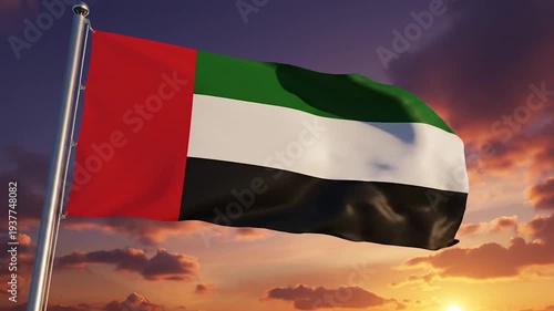 Flag of the United Arab Emirates proudly waving against a beautiful sunset sky.