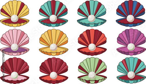Open seashell set with white pearls inside featuring various colorful scallop shells for marine jewelry luxury branding and ocean design