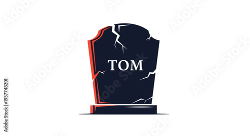 Dark gray tombstone with visible cracks and the name TOM engraved in white text for cemetery and Halloween concepts.