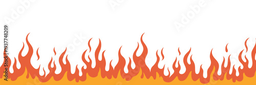 Fire, line frame seamless border pattern set with flame motifs, burning and heat symbols, continuous decorative vector design