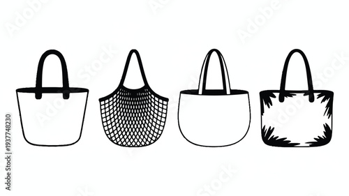 Four different styles of handbags with handles and various textures and patterns