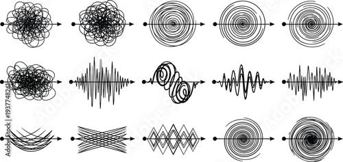 Scribble and wave evolution collection from chaos to order, complex tangled lines transitioning into organized geometric spirals and smooth waveforms.