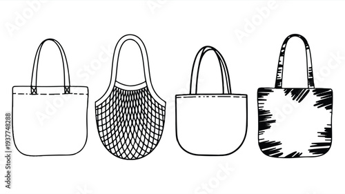 Four different shopping bags in various line art styles on white background