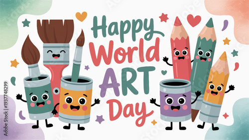Colorful cartoon art supplies celebrate world art day with smiling faces and playful design elements on a vibrant background