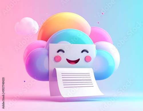 Smiling document sits in a cloud of pastel balloons against a vibrant gradient background