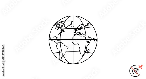 Line drawing of a world globe centered on Europe and Africa with latitude and longitude lines on a white background.