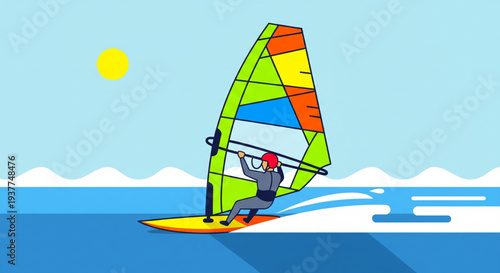 Person windsurfing on water with colorful sail in a serene ocean environment from a distant viewpoint