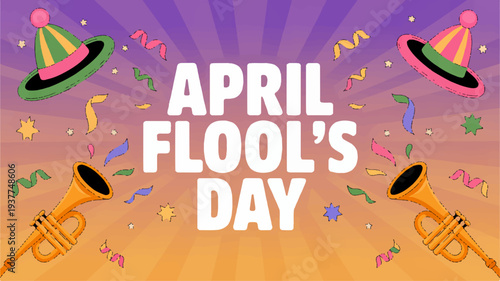 Colorful april fool's day celebration background with party hats and trumpets confetti and ribbons purple to orange gradient