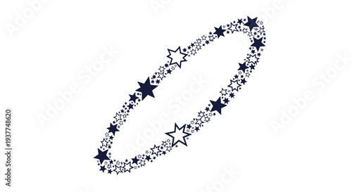 Oval shaped ring made of numerous tiny blue and white stars swirling together in a beautiful cosmic galaxy pattern.