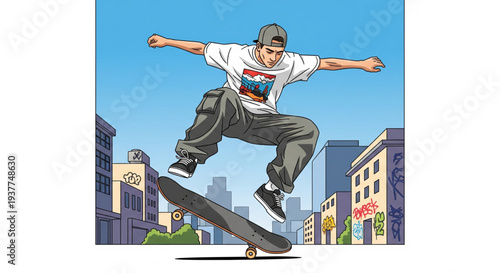 Man performing skateboarding trick in urban cityscape environment from a dynamic viewpoint