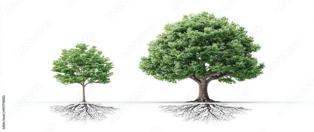 Fototapeta premium Two trees, one small and one large, with visible root systems on a white background