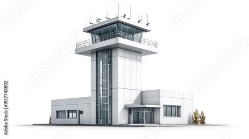 Modern airport control tower with glass windows and antennas on top, isolated on white