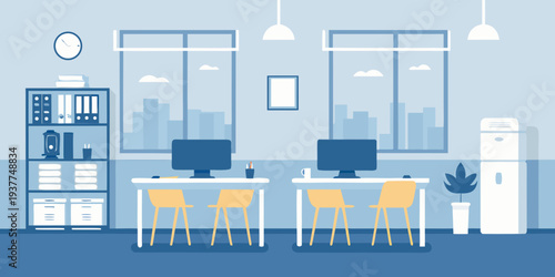 A brightly lit office space with desks windows and minimal decor