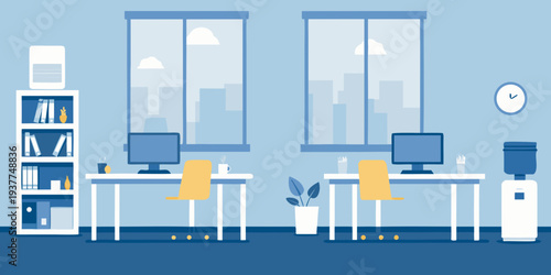 A minimalist office interior with two workstations and a calming color scheme