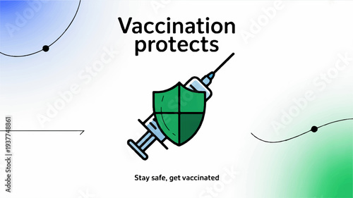 Green shield with syringe vaccination protects health and safety concept with gradient background