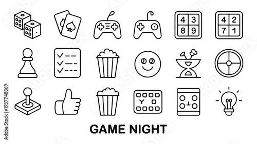 Game night icons set with gaming and entertainment symbols and objects