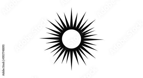 Geometric black sun icon with many long sharp rays radiating from a central white circle on a plain white background.