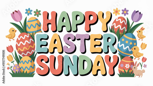 Colorful easter sunday greeting with decorated eggs and flowers on white background