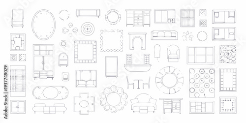 Overhead view of assorted furniture and decorative elements in line art