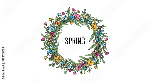Beautiful spring floral wreath with colorful wildflowers and green leaves surrounding the word Spring in capital letters.