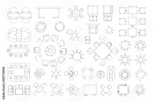 Architectural plan featuring diverse top down views of furniture and layouts