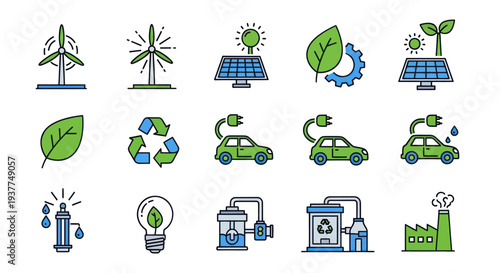 Eco Friendly Technology Icons Set: Wind Turbine, Solar Panel, EV, Recycling, Light Bulb