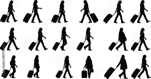 Walking women silhouette collection with rolling luggage, diverse female travelers in motion for tourism, airport transit, and vacation lifestyle vector designs.