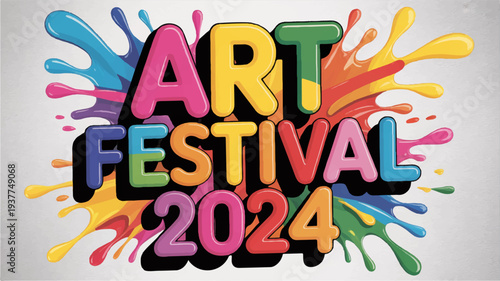 Vibrant art festival 2024 colorful typography with paint splashes on gray background