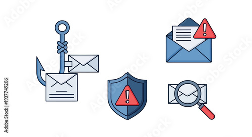 Cybersecurity Icons: Email Phishing, Security Alert, Shield, Magnifying Glass