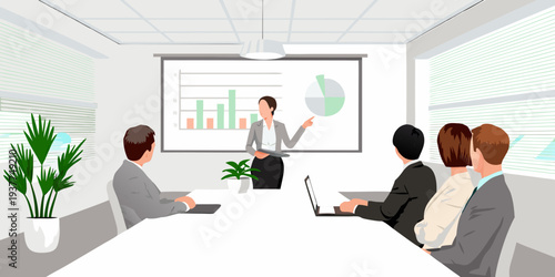 A business presentation is underway in a modern office conference room