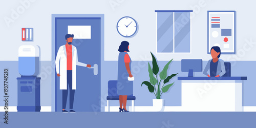 A doctor and patient at a hospital reception desk with a waiting area